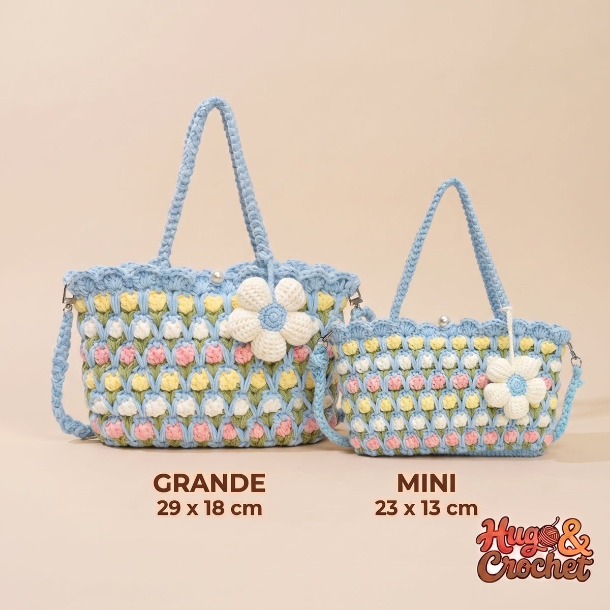 Comparativa de tamaños del bolso azul: Grande 29x18 cm y Mini 23x13 cm