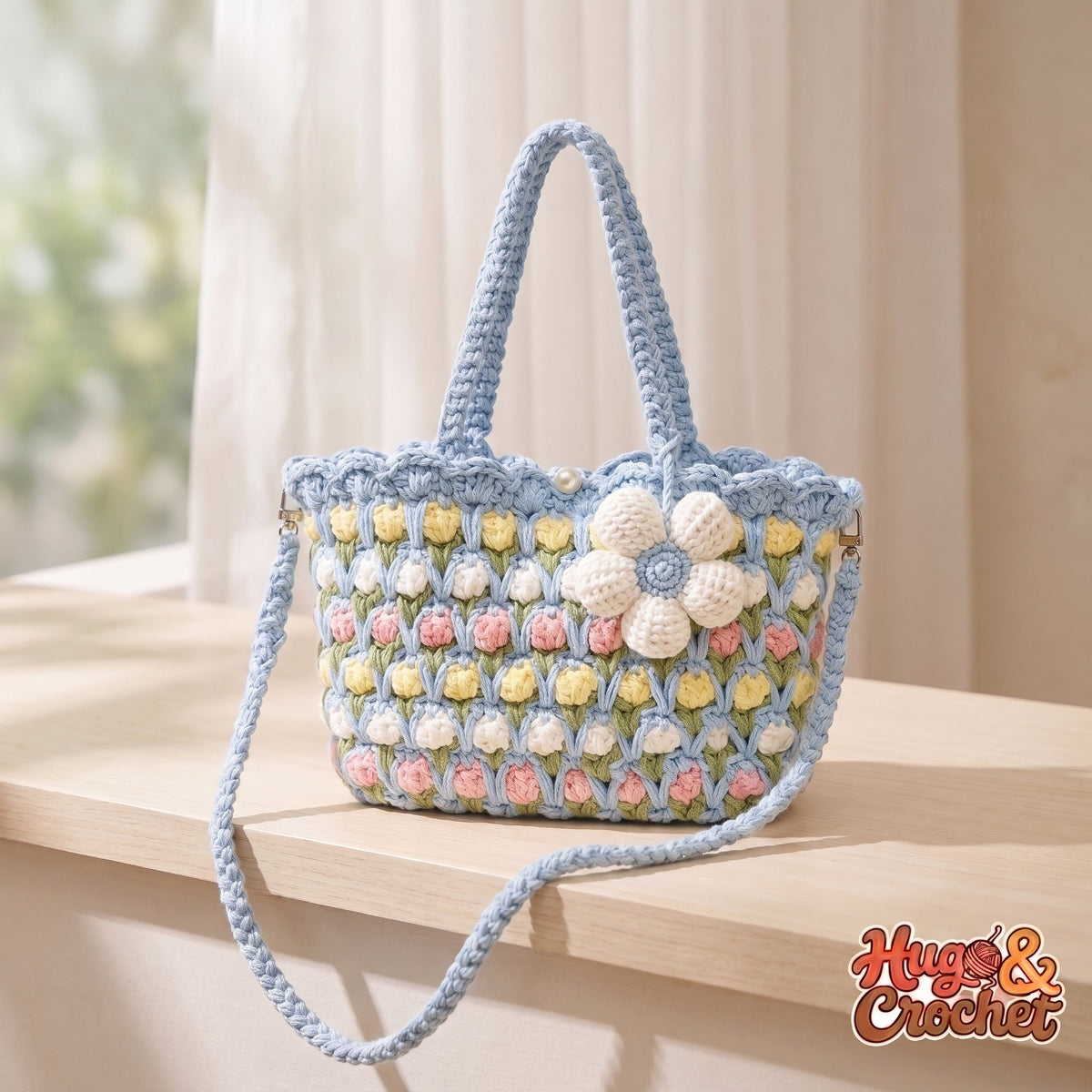 Bolso de crochet flor azul, tamaño grande