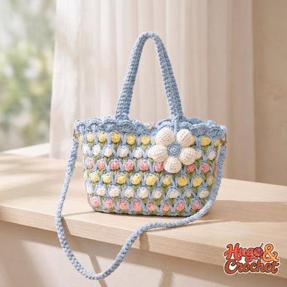 Bolso de crochet flor azul, tamaño grande