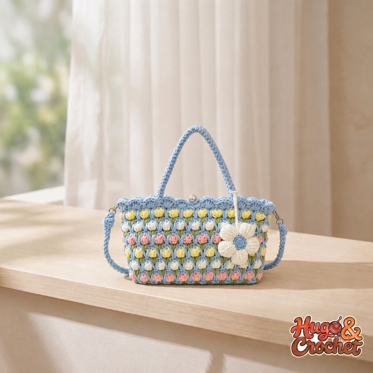 Bolso de crochet flor azul, tamaño mini