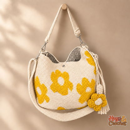 Bolso artesanal de crochet con flores amarillas