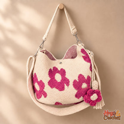 Bolso artesanal de crochet con flores rosas