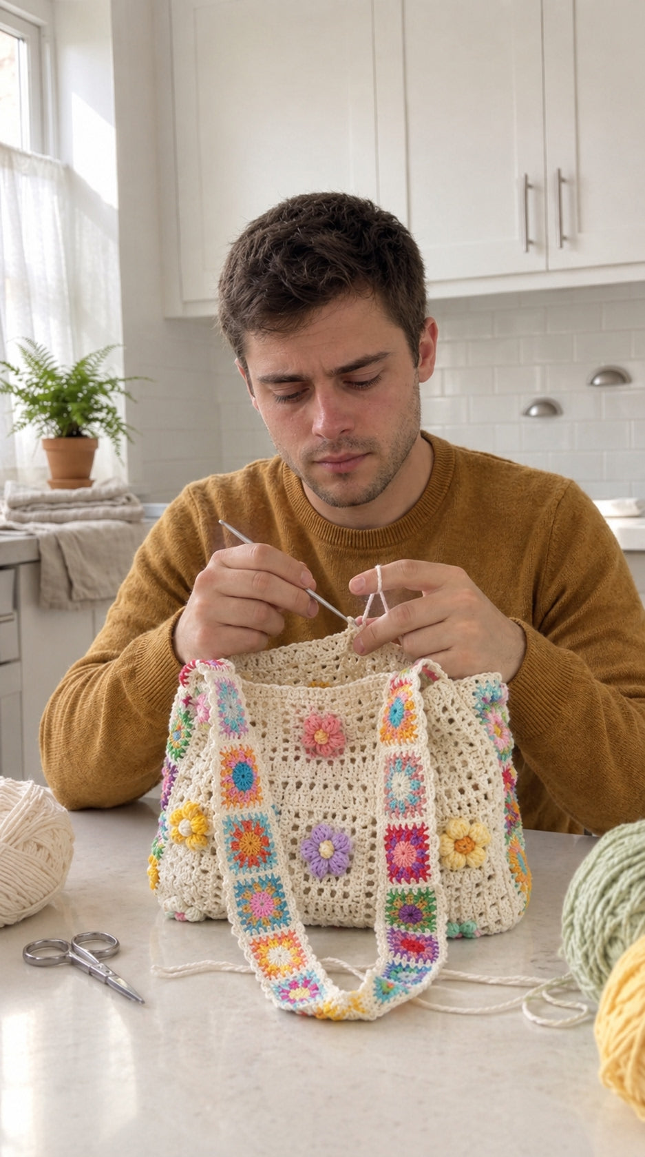 Tejiendo un bolso de crochet a mano en la cocina