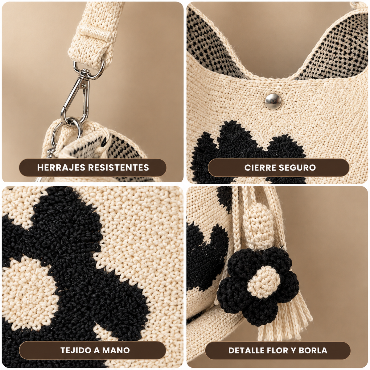 Detalles del bolso: herrajes resistentes, cierre seguro, tejido a mano y detalle de flor y borla