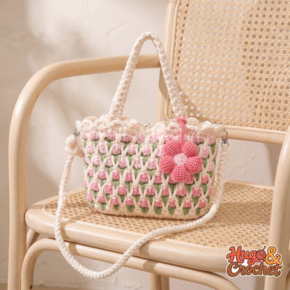 Bolso de crochet flor rosa, tamaño grande