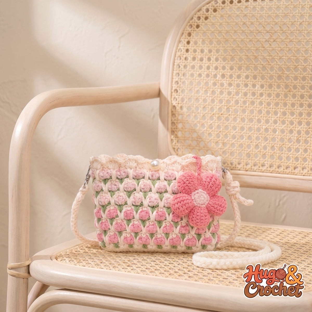 Bolso de crochet flor rosa, tamaño mini