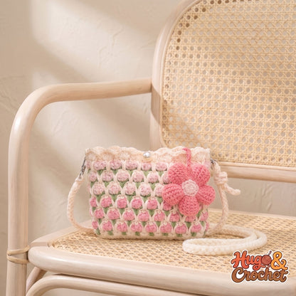 Bolso de crochet flor rosa, tamaño mini